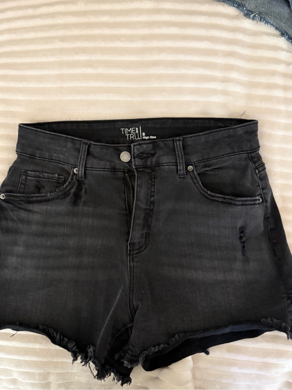 Time and Tru Washed Black High-Rise Distressed Jean Shorts